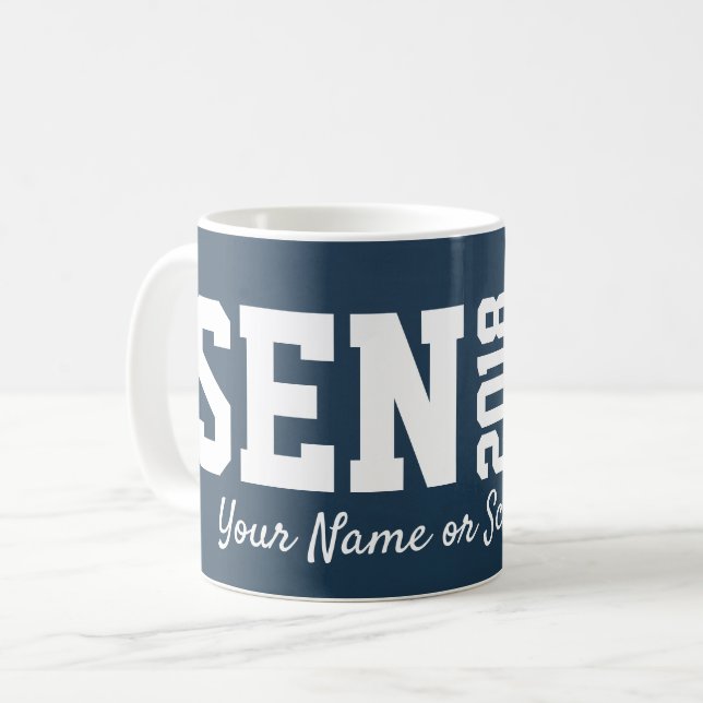 Blue Senior Graduate Block Letter Large Typography Coffee Mug (Front Left)