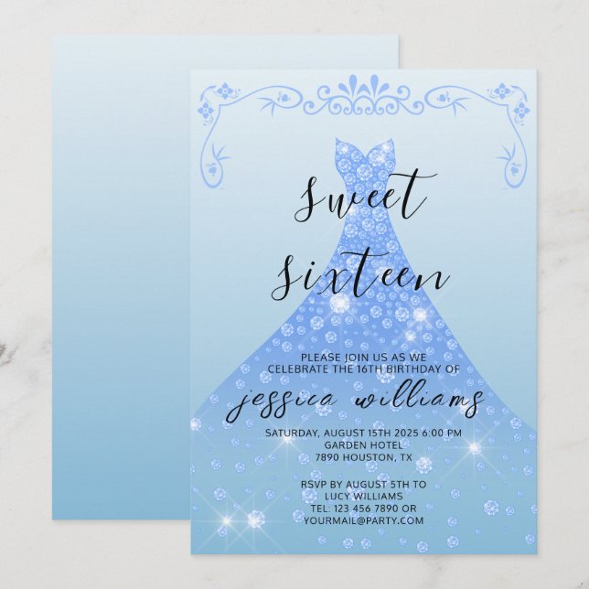 Blue Sequin Ball Gown & Swirls Sweet 16 Birthday Invitation (Front/Back)
