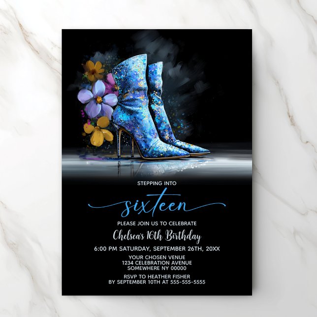 Blue Sequin Boots 16th Birthday Party Invitation (Creator Uploaded)