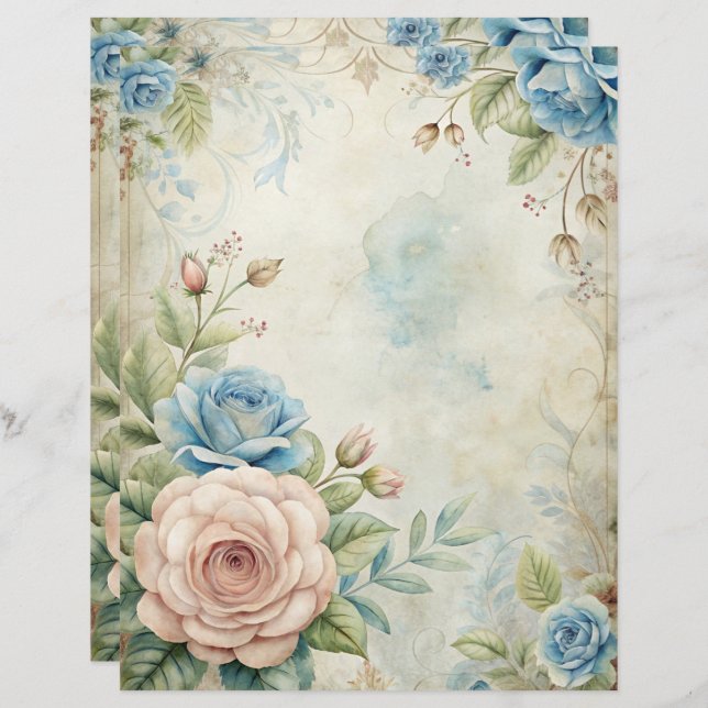Blue Shabby Chic Scrapbook Paper  (Front/Back)