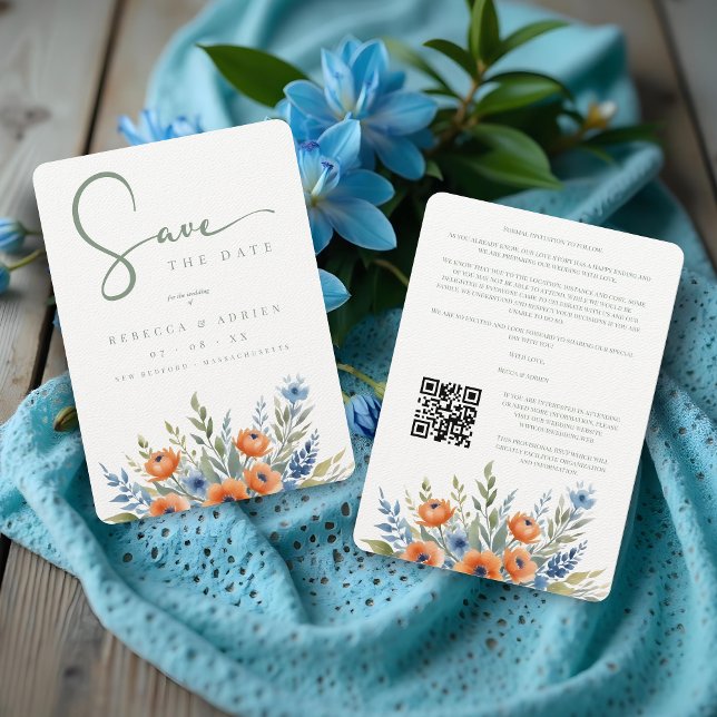 Blue Shades Delicate Floral Bouquet Border Wedding Save The Date (Blue Shades Delicate Floral Bouquet Border Wedding Save the Date Cards with QR Code)