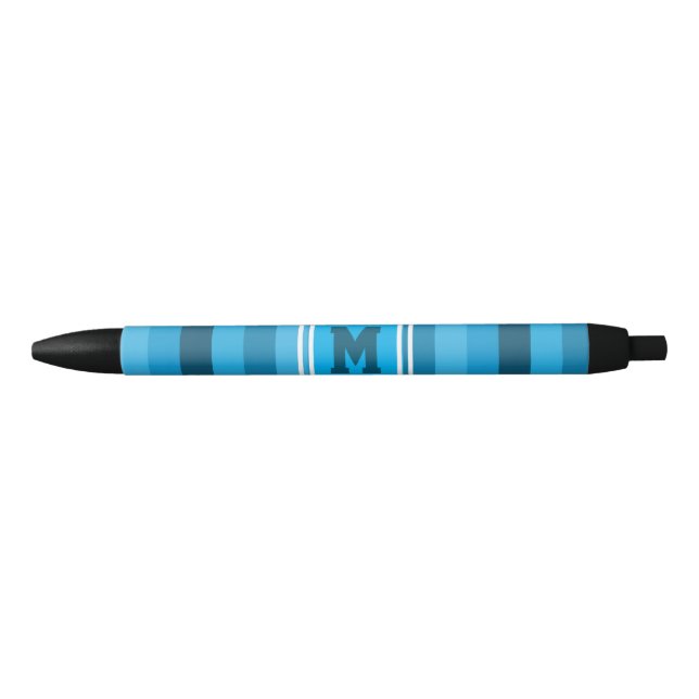 Blue Shades Horizontal Stripes Pattern Monogram Black Ink Pen (Front)