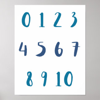 Blue Shades Numbers Zero to Ten 0 to 10 Kids Room Poster