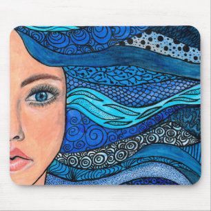 Blue Shades Wavy Hair Lady Original Artwork Mouse Pad