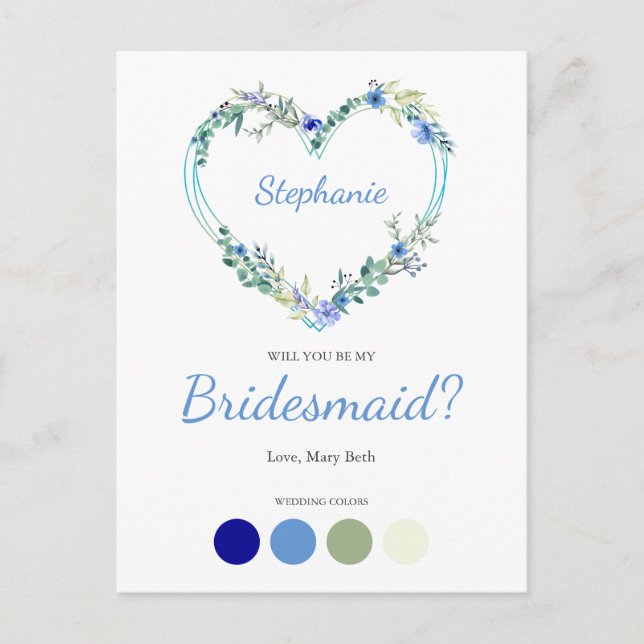Blue Shades Wreath Heart for Bridesmaids Proposal Invitation Postcard (Front)