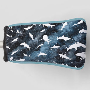 Blue shadow fish shark on gradient galaxy Space Golf Head Cover