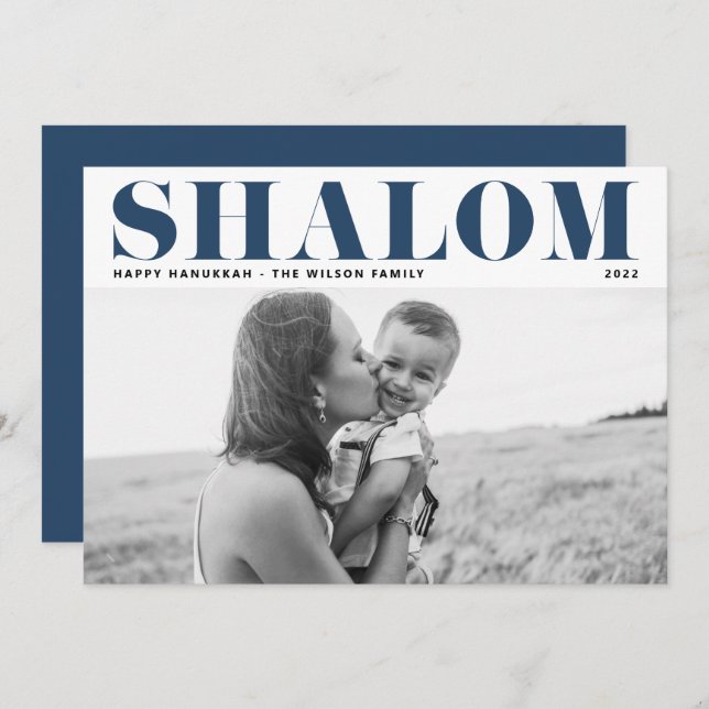 Blue Shalom Bold Typography Happy Hanukkah Photo Holiday Card (Front/Back)