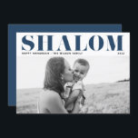 Blue Shalom Bold Typography Happy Hanukkah Photo Holiday Card<br><div class="desc">Happy Hanukkah! Send Hanukkah wishes to family and friends with this customisable modern Hanukkah card. It features SHALOM in bold typography. Personalise by adding names and a photo. This photo Happy Hanukkah card is available in other cardstock.</div>