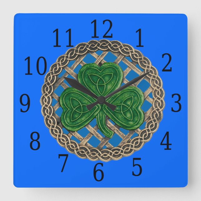 Blue Shamrock And Celtic Knots Square Clock (Front)