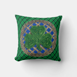 Blue Shamrock Celtic Knots On Green Plaid Cushion