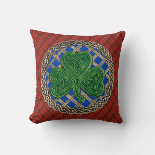 Blue Shamrock Celtic Knots On Red Plaid Cushion