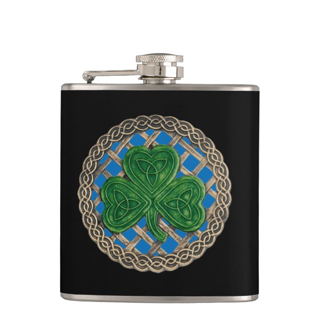 Blue Shamrock On Celtic Knots Flask (Front)