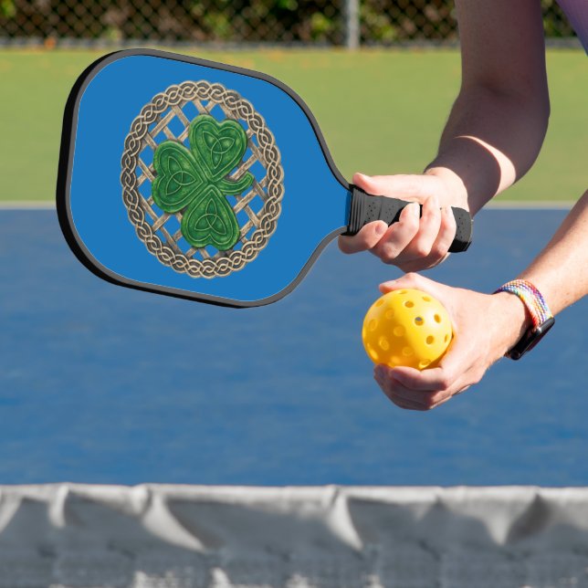 Blue Shamrock On Celtic Knots Pickleball Paddle (Insitu)