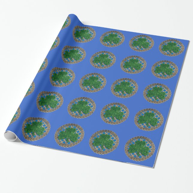 Blue Shamrock On Celtic Knots Wrapping Paper (Unrolled)