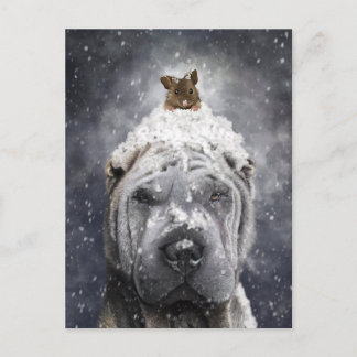 Blue Shar Pei in the snow with a little mouse Postcard