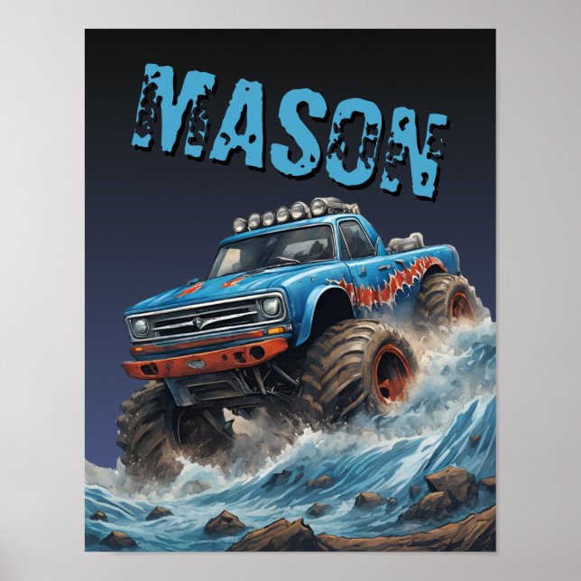 Blue Shark Monster Truck Custom Name Poster (Front)