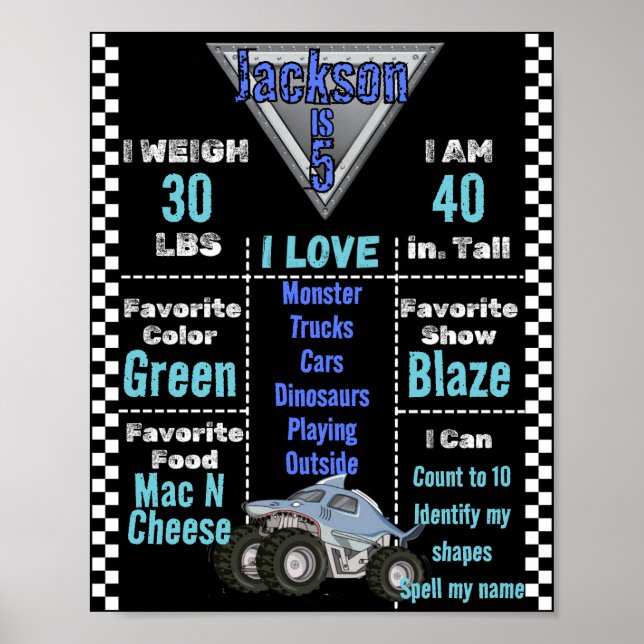 Blue Shark Monster Truck Milestone Chart Poster (Front)