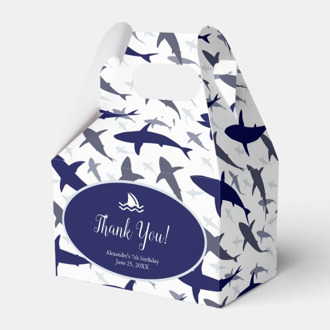 Blue Shark Pattern Boy Birthday Party Thank You Favour Box (Front Side)