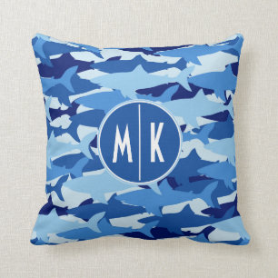 Blue Shark Pattern Monogram Cushion