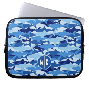Blue Shark Pattern Monogram Laptop Sleeve
