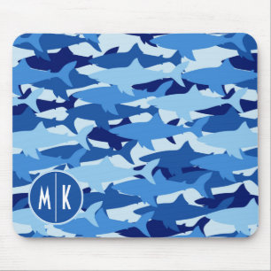 Blue Shark Pattern Monogram Mouse Pad