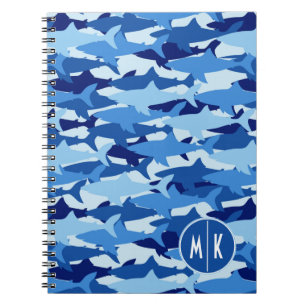 Blue Shark Pattern Monogram Notebook