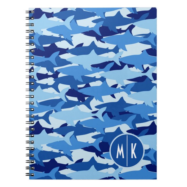 Blue Shark Pattern | Monogram Notebook (Front)