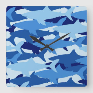 Blue Shark Pattern Square Wall Clock