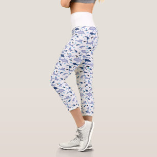 Blue Shark Silhouette Pattern Capri Leggings