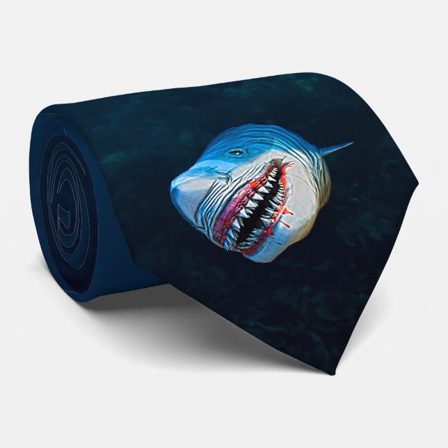 Blue Shark Terror in Ocean Marine Animal Cartoon Tie (Rolled)