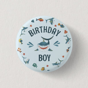 Blue Shark Themed Birthday Boy Button