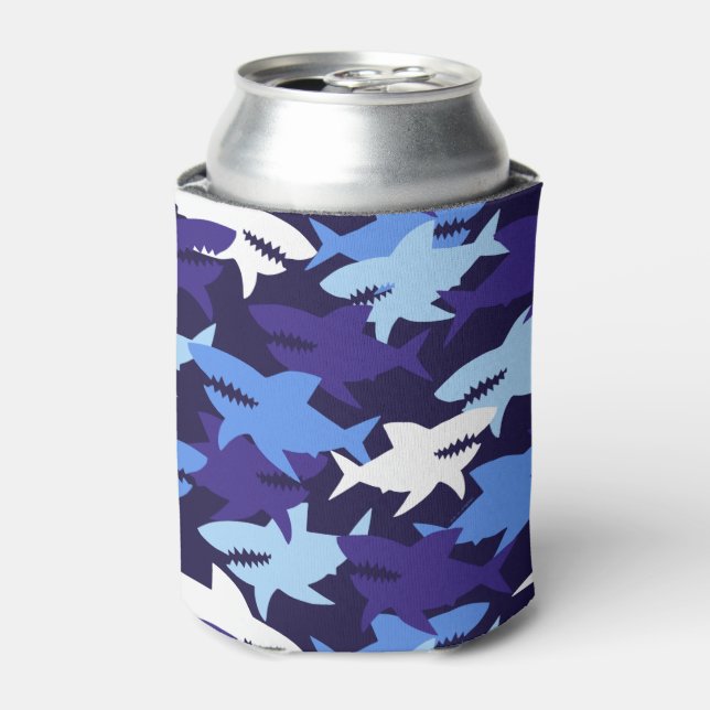 Blue Sharks Camouflage Pattern Can Cooler (Can Front)