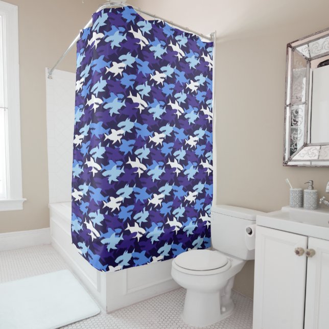 Blue Sharks Camouflage Pattern Shower Curtain (In Situ)
