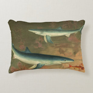 Blue Sharks Eating Fish, Vintage Marine Life Decorative Cushion