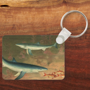 Blue Sharks Eating Fish, Vintage Marine Life Key Ring