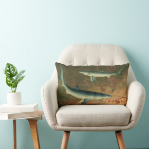 Blue Sharks Eating Fish, Vintage Marine Life Lumbar Cushion