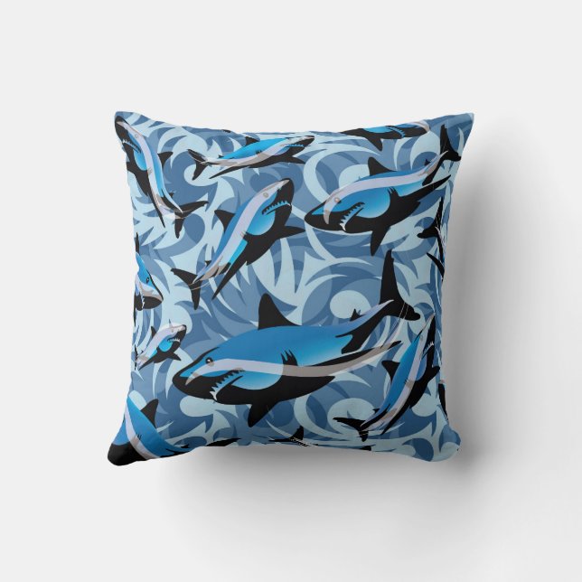 Blue Sharks Swimming Pattern Cushion (Back)