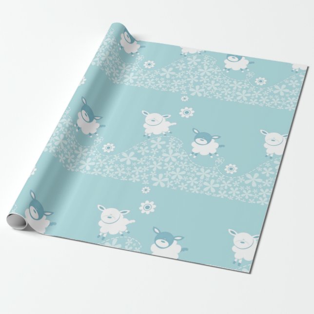 blue sheep baby boy shower wrapping paper (Unrolled)