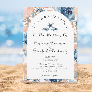Blue Shell Flowers Watercolor Beach Wedding Invitation