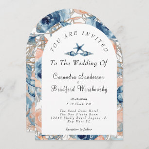 Blue Shell Flowers Watercolor Beach Wedding Invitation