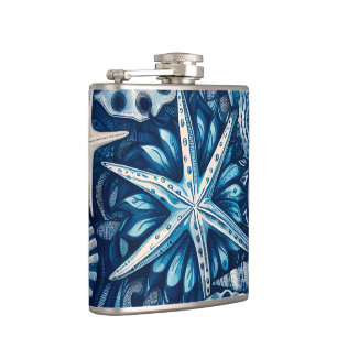 Blue Shells Beach Batik Starfish Nautical Theme Hip Flask
