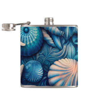 Blue Shells Beach Batik Starfish Sand Dollar Hip Flask