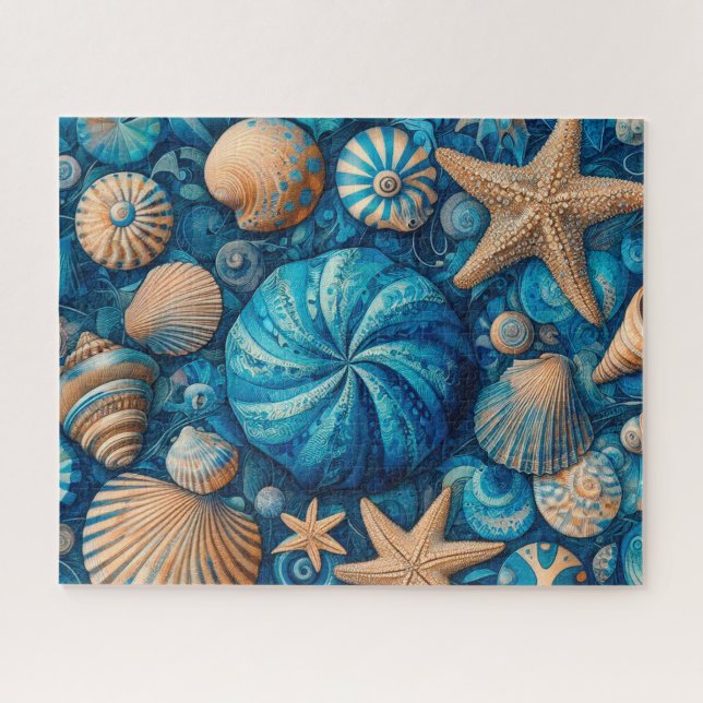 Blue Shells Beach Batik Starfish Sand Dollar Jigsaw Puzzle (Horizontal)
