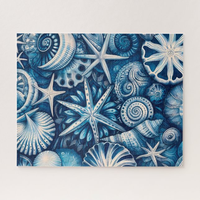 Blue Shells Beach Batik Starfish Sand Dollar Jigsaw Puzzle (Horizontal)