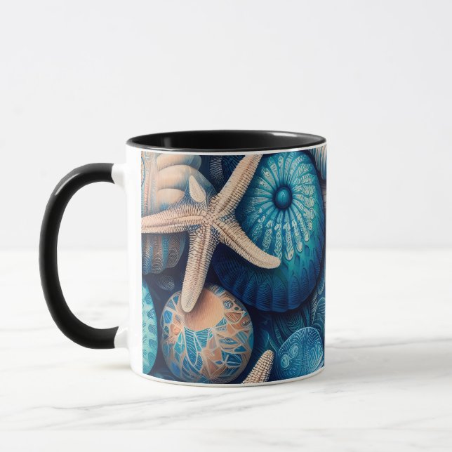 Blue Shells Beach Batik Starfish Sand Dollar Mug (Left)