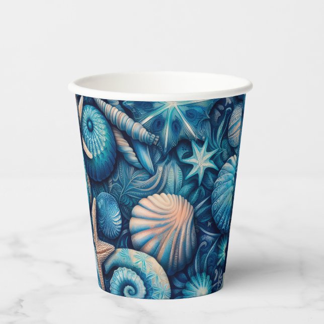 Blue Shells Beach Batik Starfish Sand Dollar Paper Cups (Front)