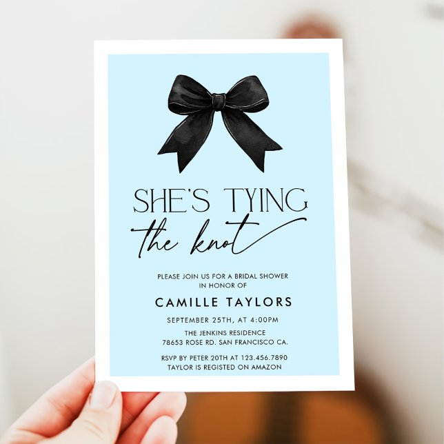 Blue She's Tying The Knot Bow Bridal Shower Invitation (Creator Uploaded)