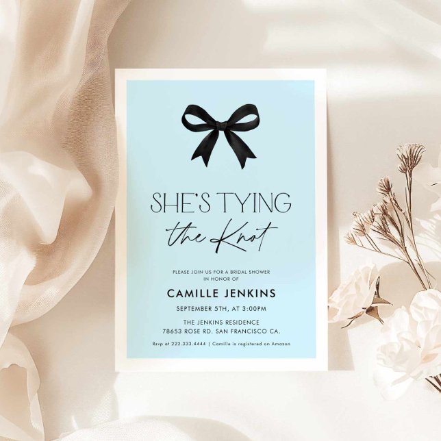 Blue She's Tying The Knot Bow Bridal Shower Invitation (Blue She's tying the knot bridal shower invite)