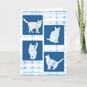 Blue Shibori Cat Silhouettes Blank Thinking of You Card