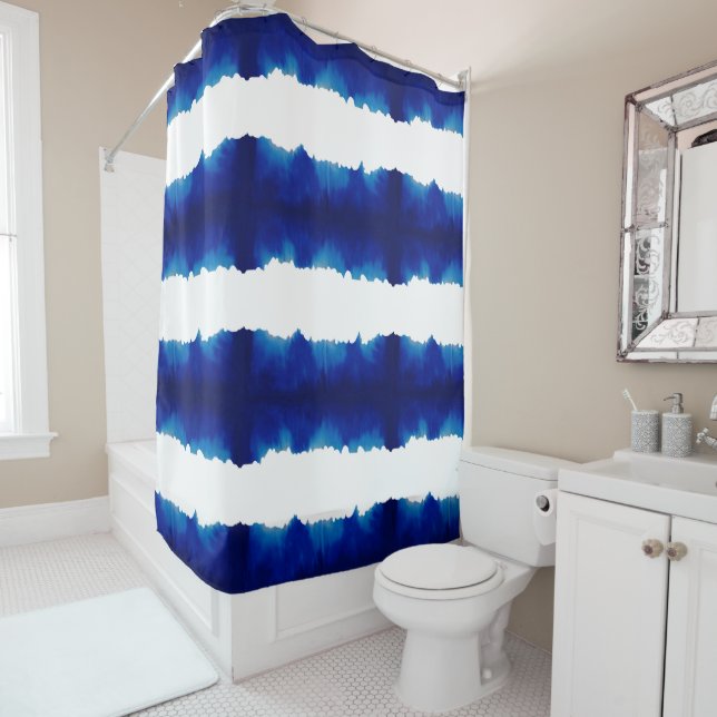 Blue Shibori Stripe Large Pattern Shower Curtain (In Situ)